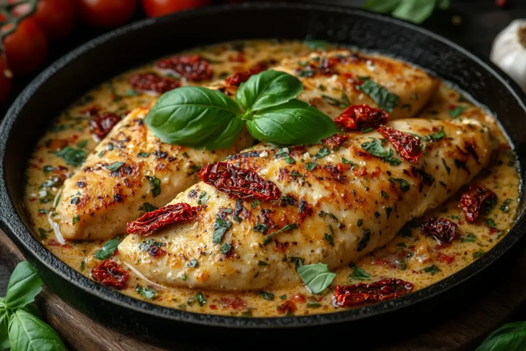 A perfectly cooked Marry Me Chicken served in a skillet with creamy sauce, garnished with sun-dried tomatoes and fresh basil leaves, placed on a rustic wooden table