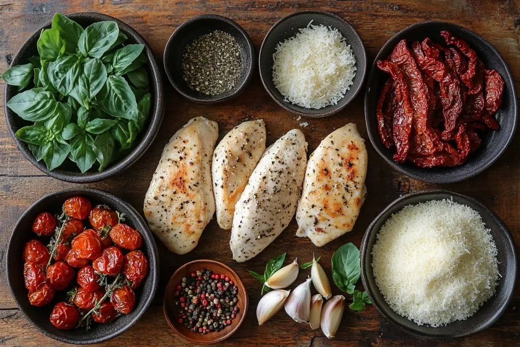 Ingredients for Marry Me Chicken including chicken, sun-dried tomatoes, garlic, Parmesan cheese, and fresh herbs on a wooden table.