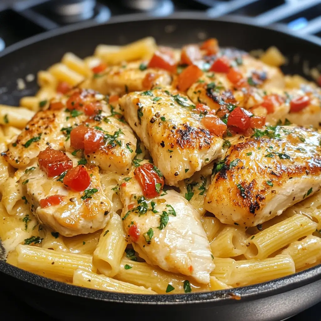 Finished Marry Me Chicken Pasta served in a rustic ceramic bowl with garnishes of fresh basil, Parmesan, and red pepper flakes on a wooden table.