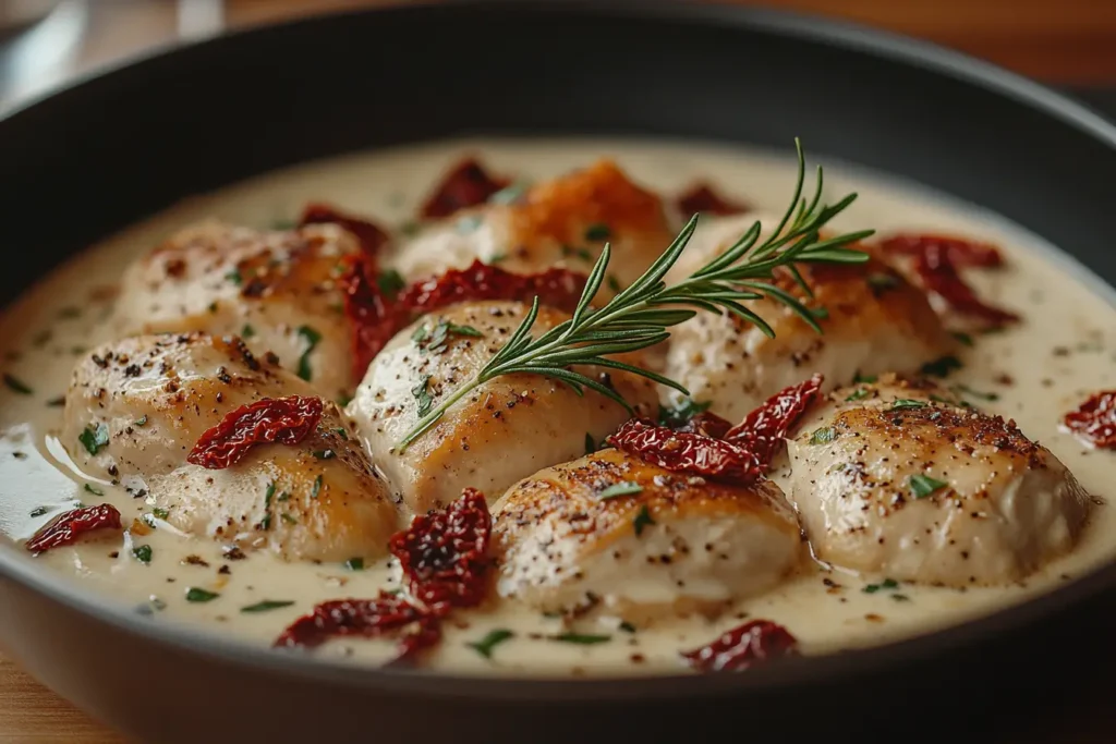 Marry Me Chicken cooking in a skillet with creamy sauce, sun-dried tomatoes, and fresh basil leaves