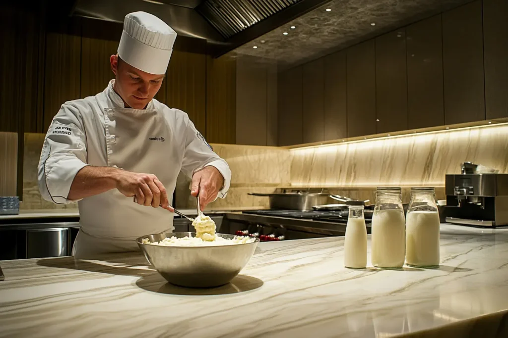 A chef mixing cornbread batter in a sleek stainless-steel bowl with milk and buttermilk on a marble countertop in a high-end kitchen