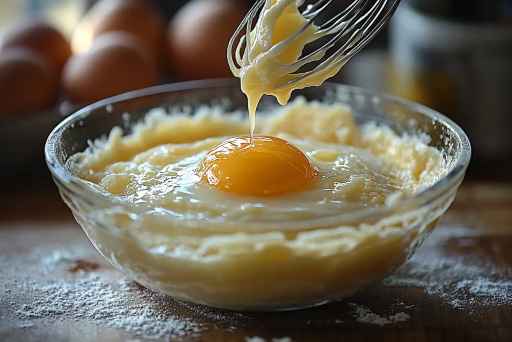 Adding an extra egg into pancake batter in a mixing bowl