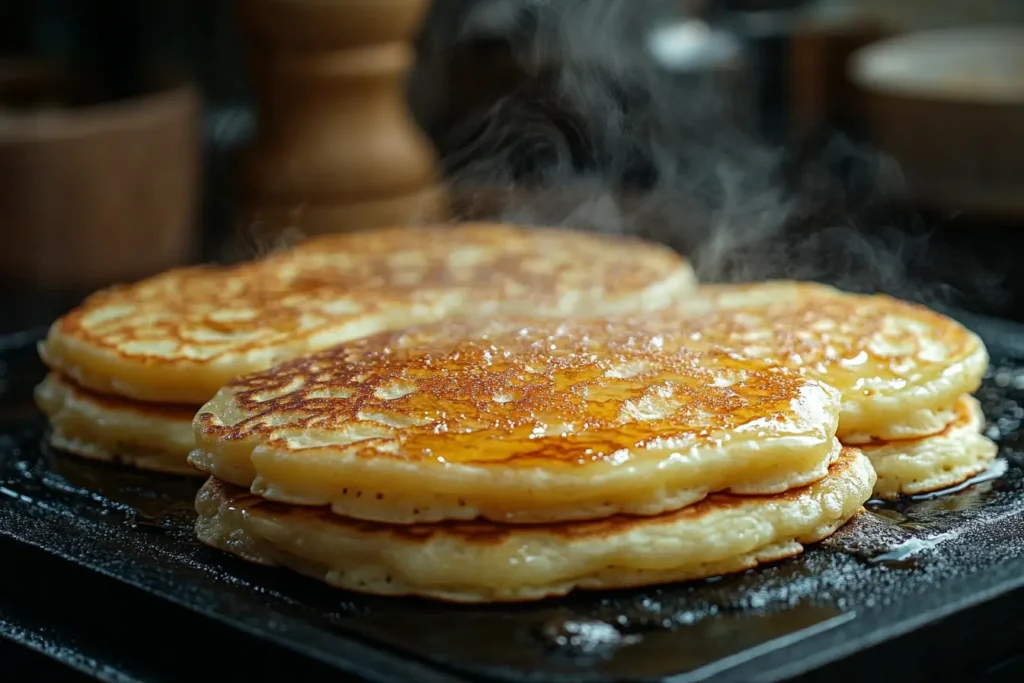 Pancakes bubbling on a hot griddle during cooking