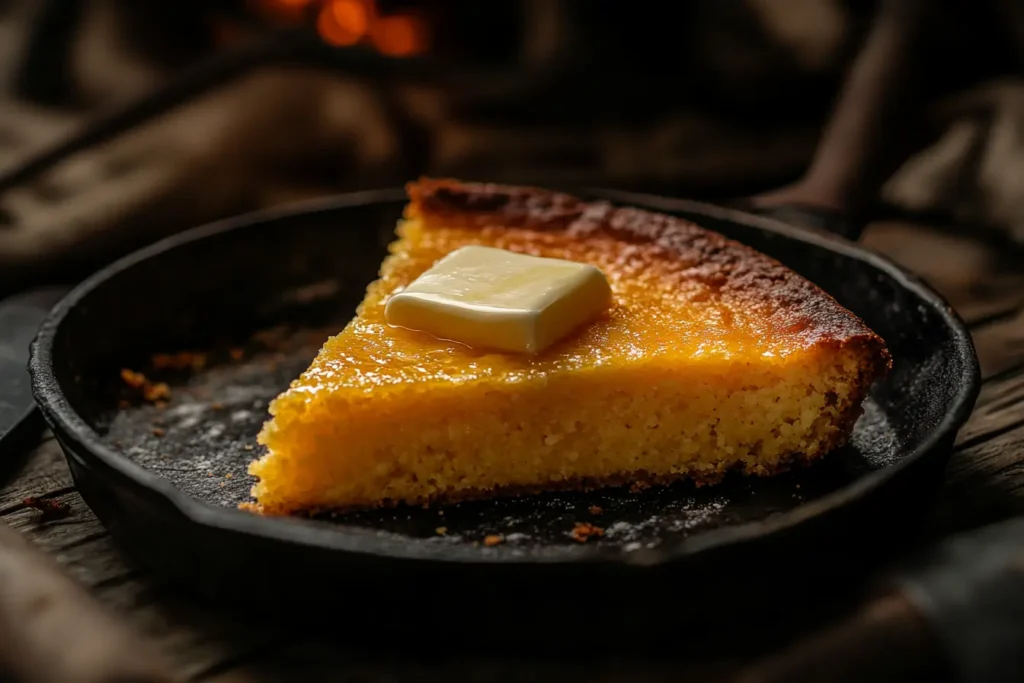 A slice of golden Southern cornbread with butter melting on top