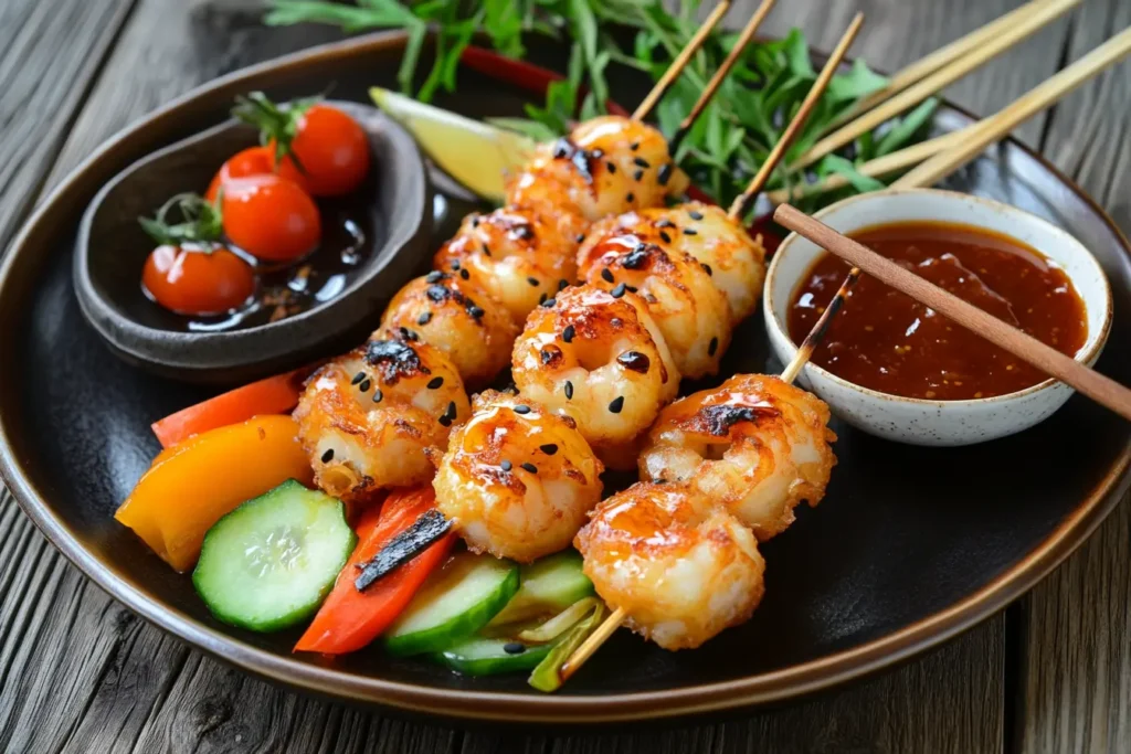 A plate of perfect tempura with shrimp and vegetables served with dipping sauce on a traditional Japanese table