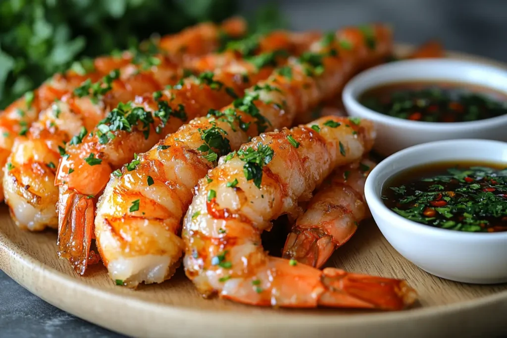 Crispy, golden-brown tempura shrimp perfectly straight and served with soy-based dipping sauce