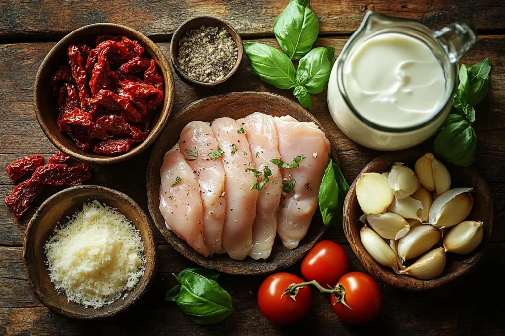 Marry Me Chicken served on a plate with creamy sauce, sun-dried tomatoes, and fresh basil