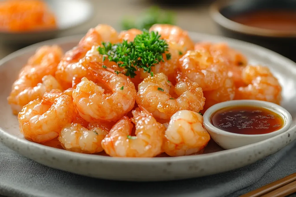 Crispy shrimp tempura on a white plate with dipping sauce and radish garnish