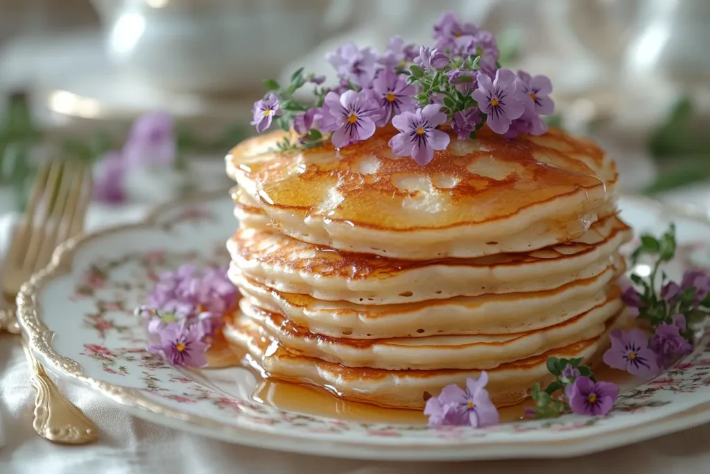 A stack of golden Queen Elizabeth pancakes on a royal-themed table with elegant cutlery and a drizzle of honey