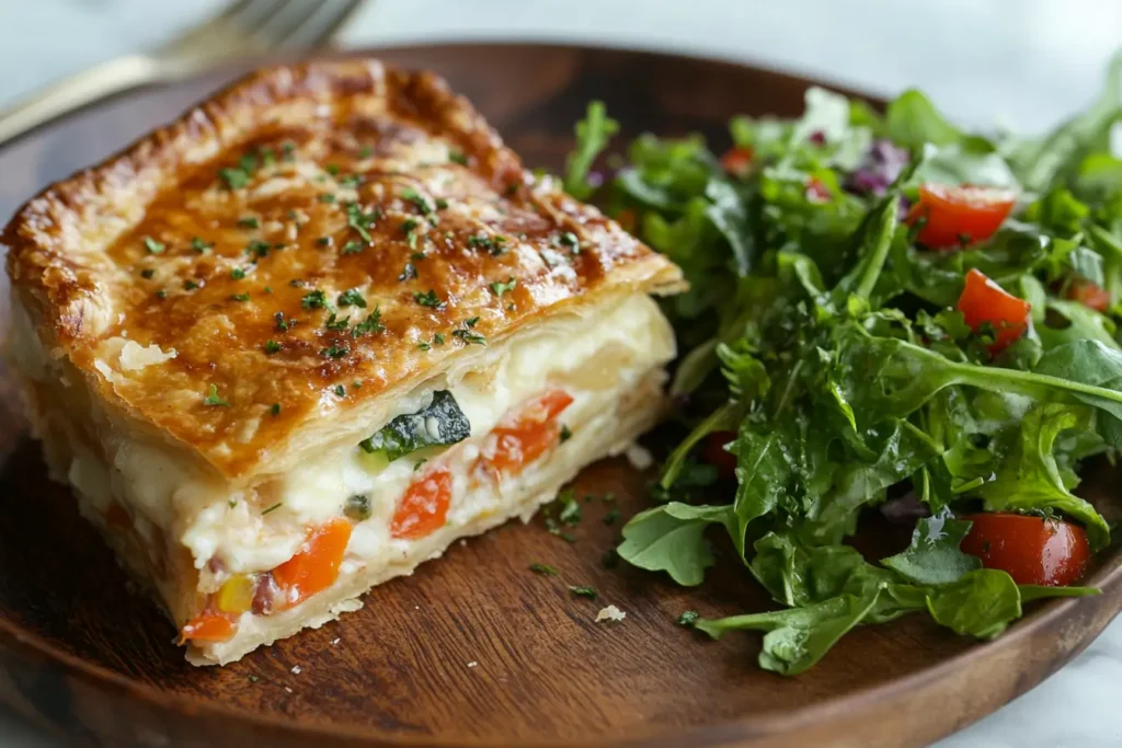 A slice of savory breakfast pie filled with vegetables and cheese, paired with a fresh green salad on a wooden table