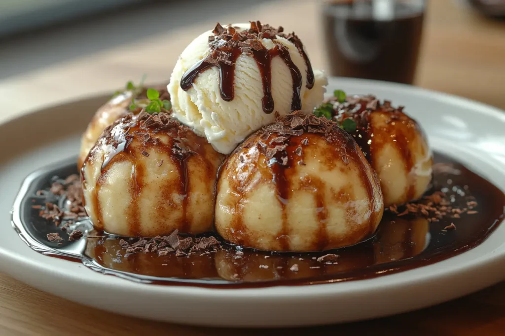 A plate of warm Bronkies topped with a scoop of vanilla ice cream and drizzled with chocolate syrup