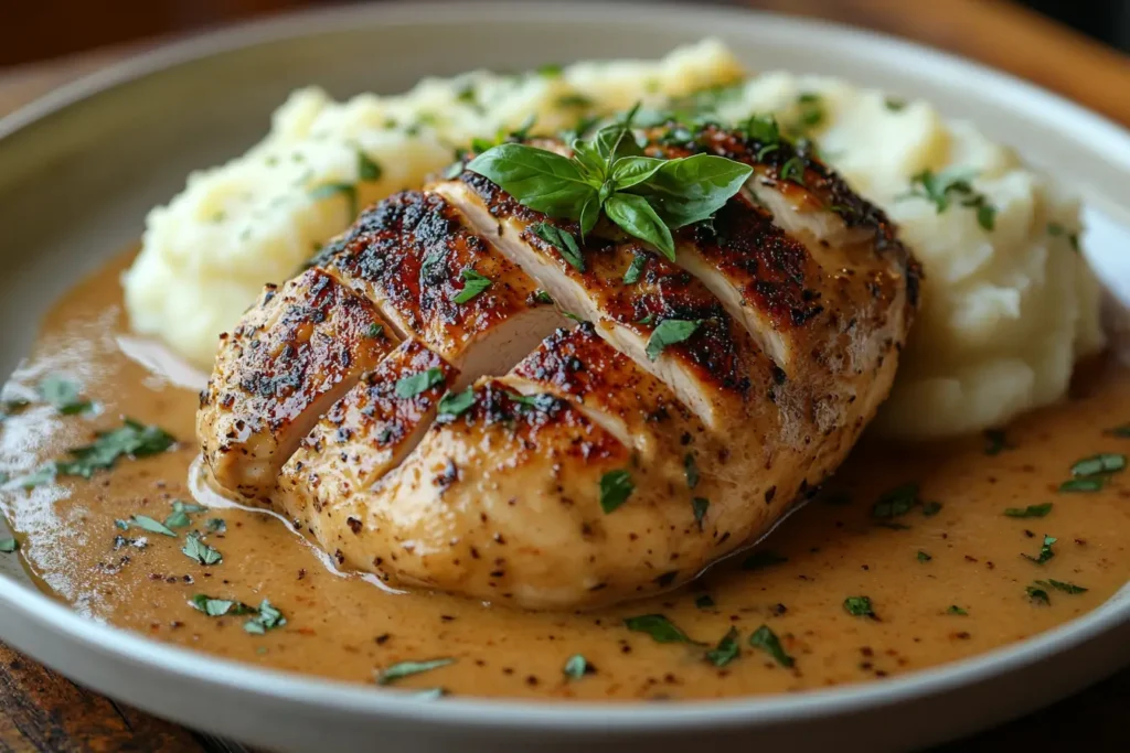 Plated Marry Me Chicken with mashed potatoes, creamy sauce, and fresh basil garnish on a white plate with a rustic table setting