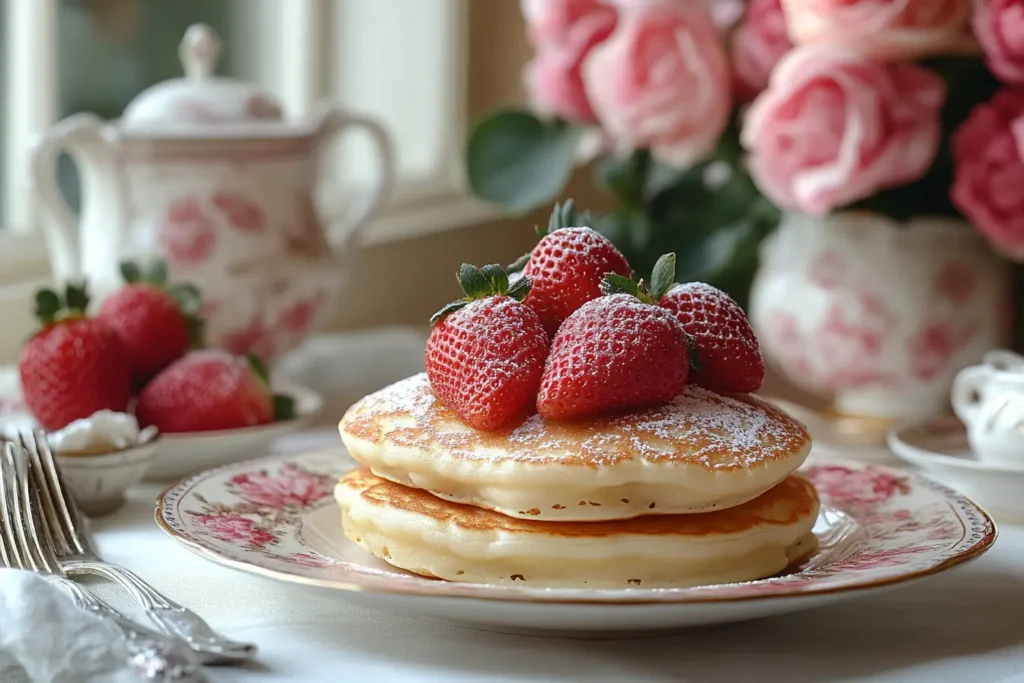 Queen Elizabeth pancakes served with fresh strawberries, clotted cream, and powdered sugar on a fine china plate with a royal breakfast setup