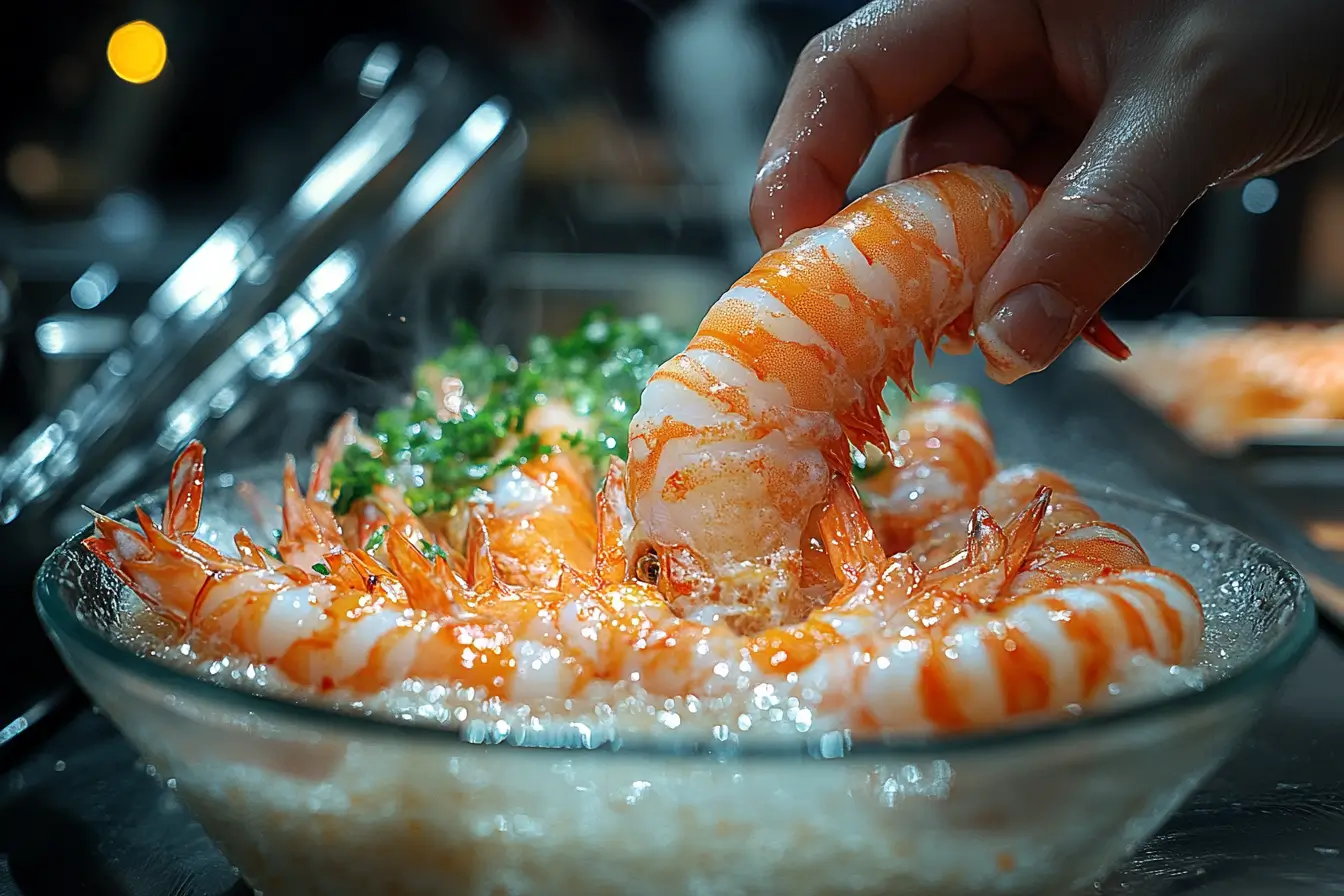 A shrimp being dipped into a bowl of creamy tempura batter