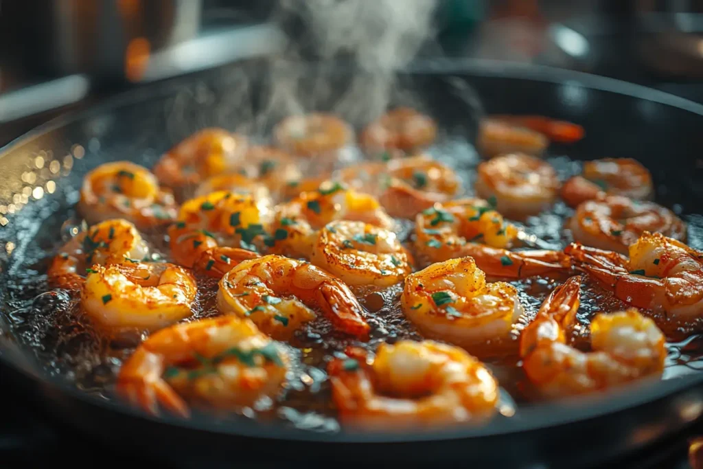 Shrimp frying in hot oil