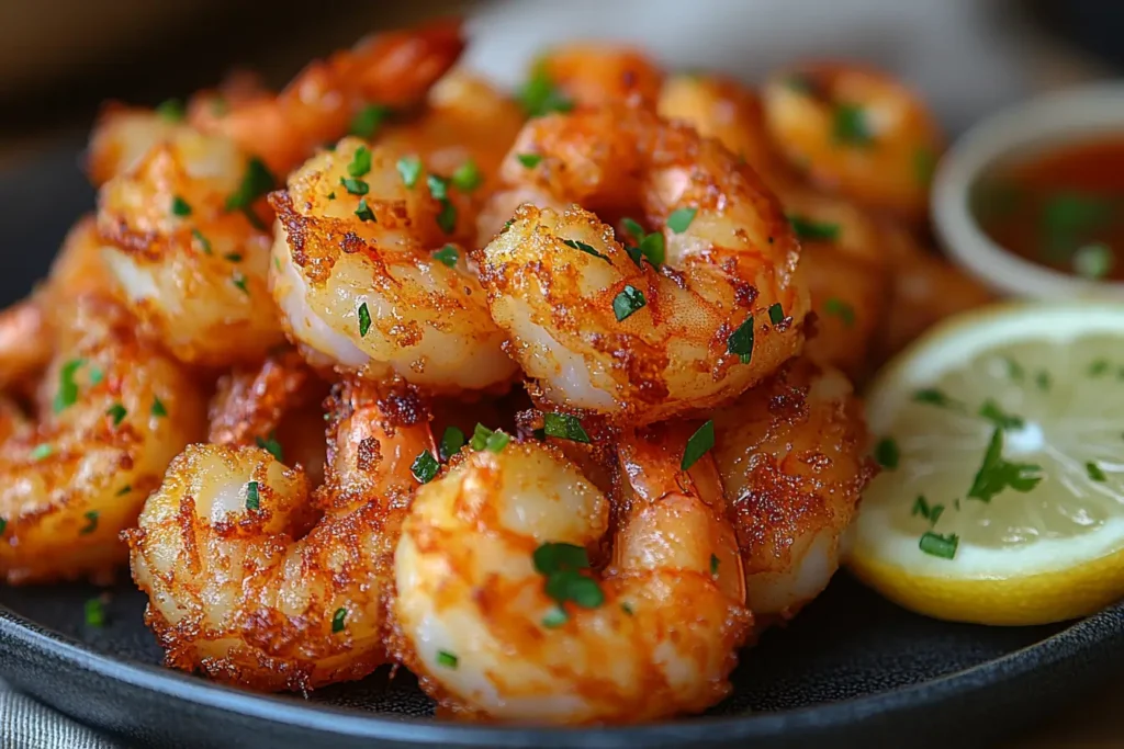 A crispy shrimp tail mid-bite, showcasing its crunchy texture