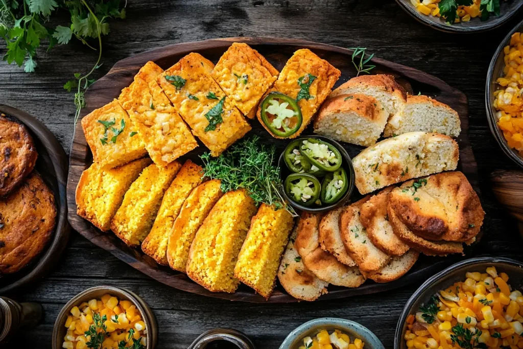 Southern cornbread with a classic slice and a jalapeño-cheddar variation on a wooden platter