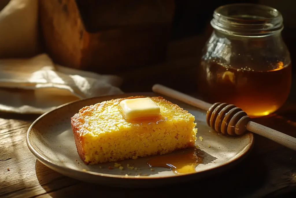 Southern cornbread topped with melted butter and a drizzle of honey on a rustic plate