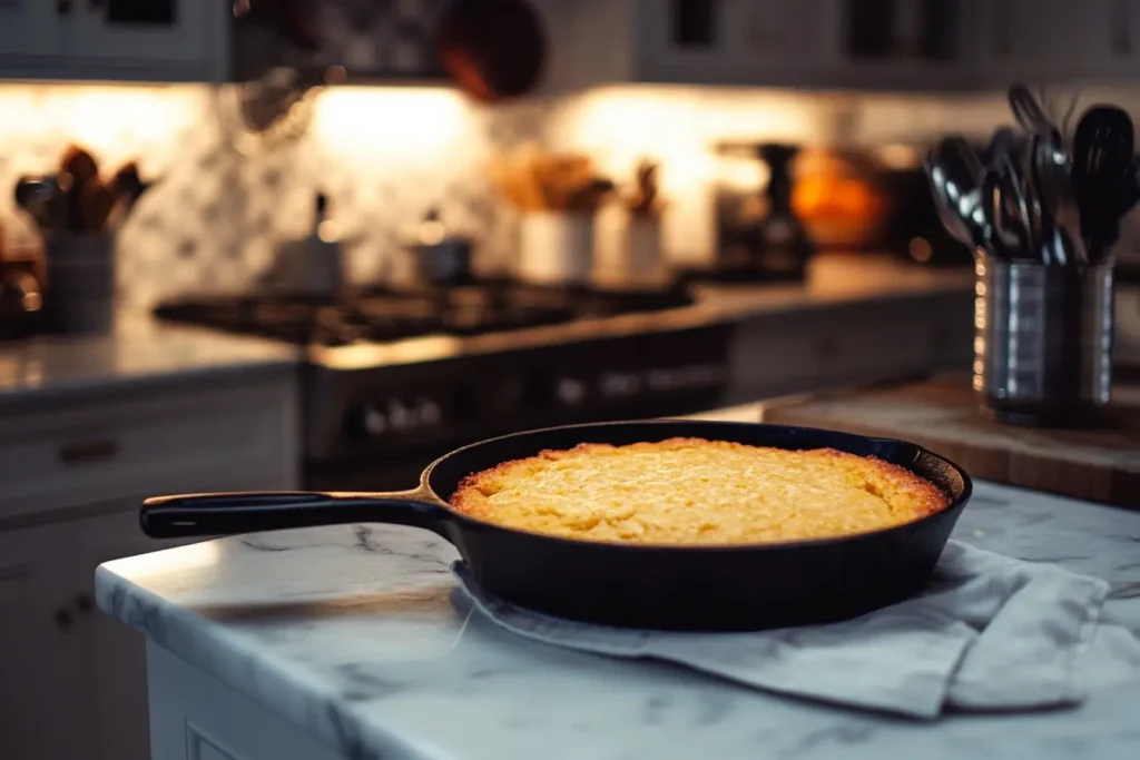 Southern cornbread in a cast-iron skillet with a golden crust, set in an elegant, high-end kitchen with marble countertops and soft lighting