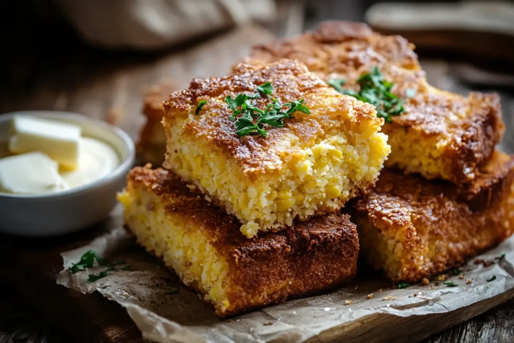 A close-up of cracklin’ cornbread with crispy pork pieces mixed into the crumbly golden bread