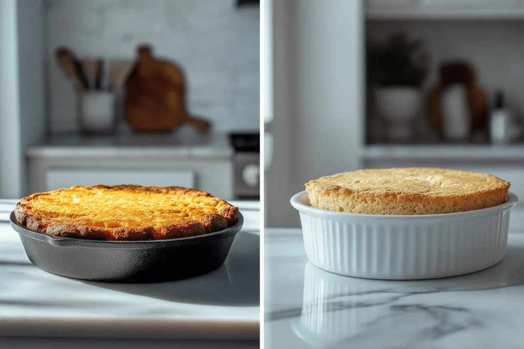 Southern cornbread and regular cornbread side by side on a marble kitchen island, with elegant lighting and premium kitchen decor in the background