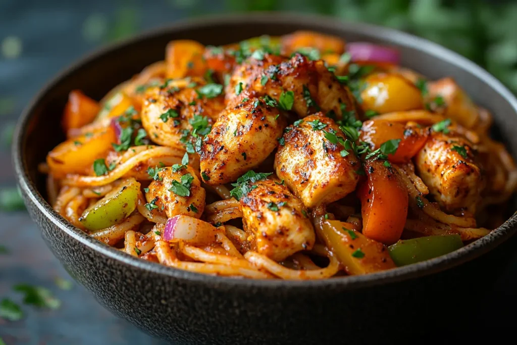 A vibrant bowl of spicy Cajun chicken pasta with peppers and creamy sauce