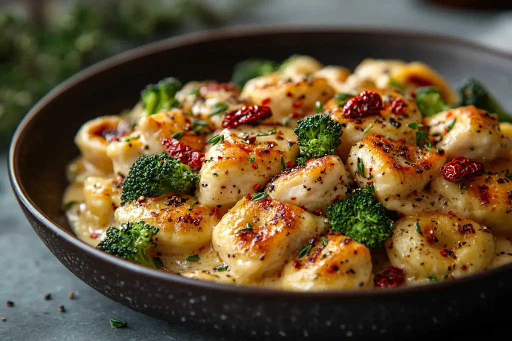 A plate of Chicken Tortelloni Alfredo with broccoli, sun-dried tomatoes, and a sprinkle of red pepper flakes