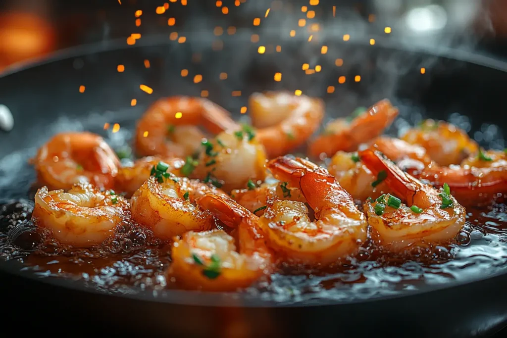 Straightened shrimp being fried in hot oil with crispy tempura batter forming