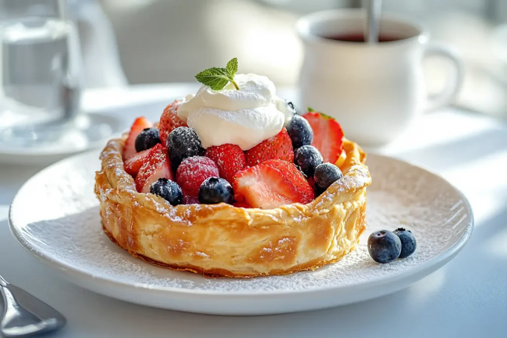 A sweet breakfast pie with a golden crust, topped with blueberries, strawberries, and a dollop of creamy yogurt, on a white plate