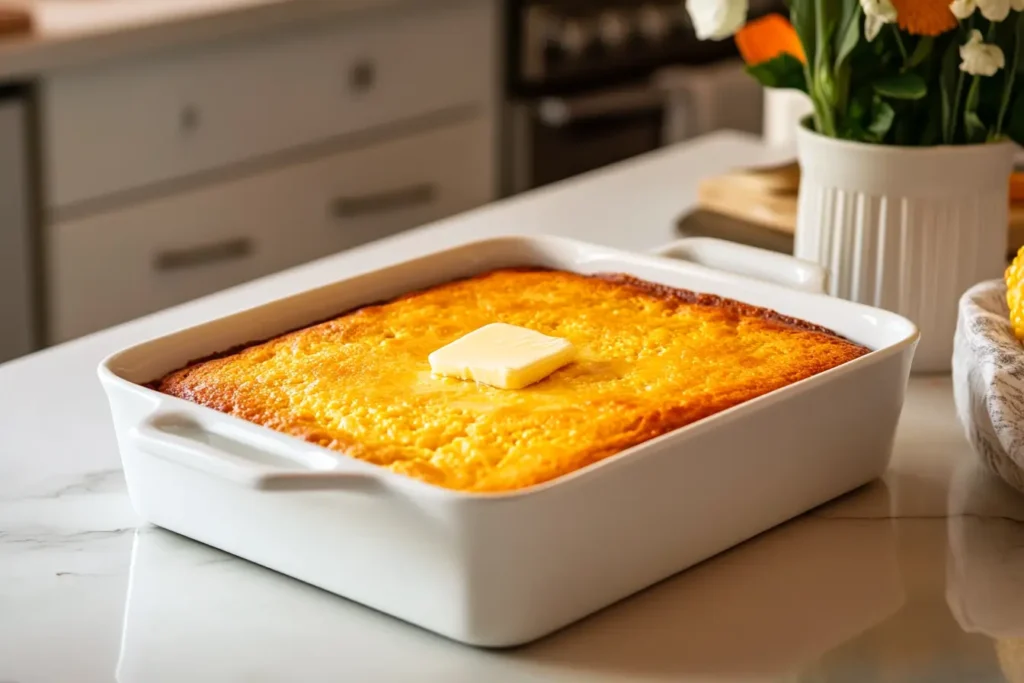 Regular cornbread in a high-quality ceramic baking dish, set in a modern 5-star kitchen with pristine white cabinets and ambient lighting