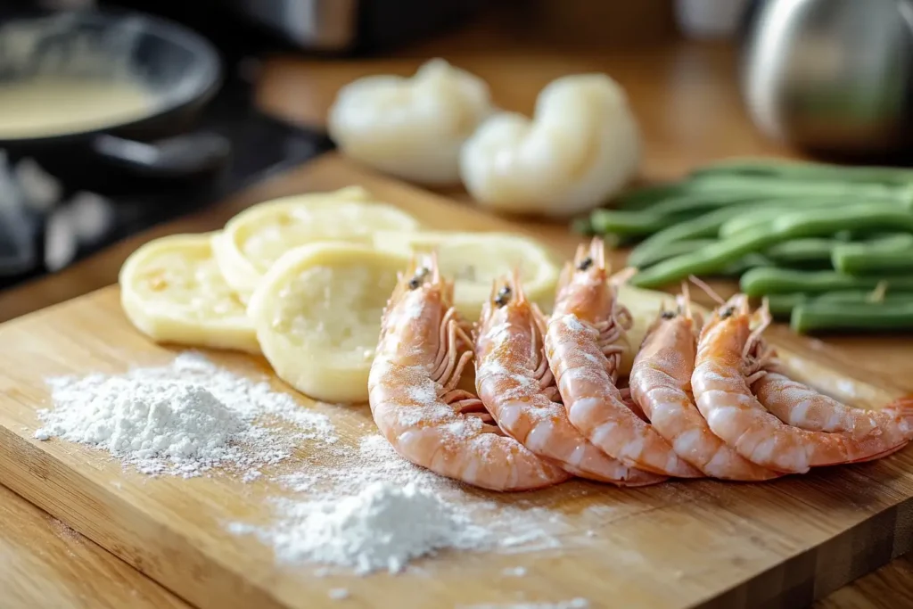 Prepared tempura ingredients on a cutting board, including shrimp, eggplant, and green beans