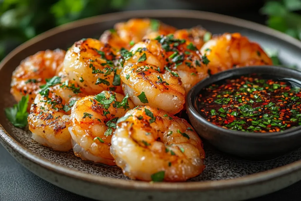 Light and crispy tempura shrimp on a ceramic plate with soy-based dipping sauce and garnishes