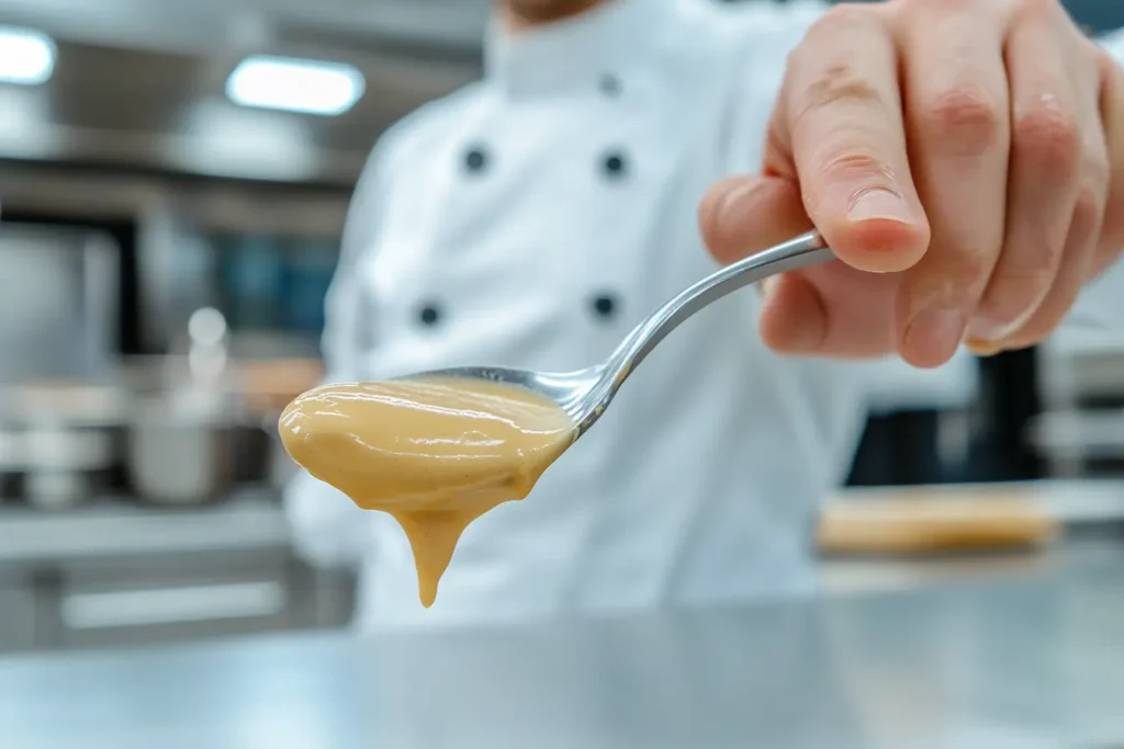 A chef testing the thickness of Marry Me Chicken sauce by running their finger along the back of a spoon