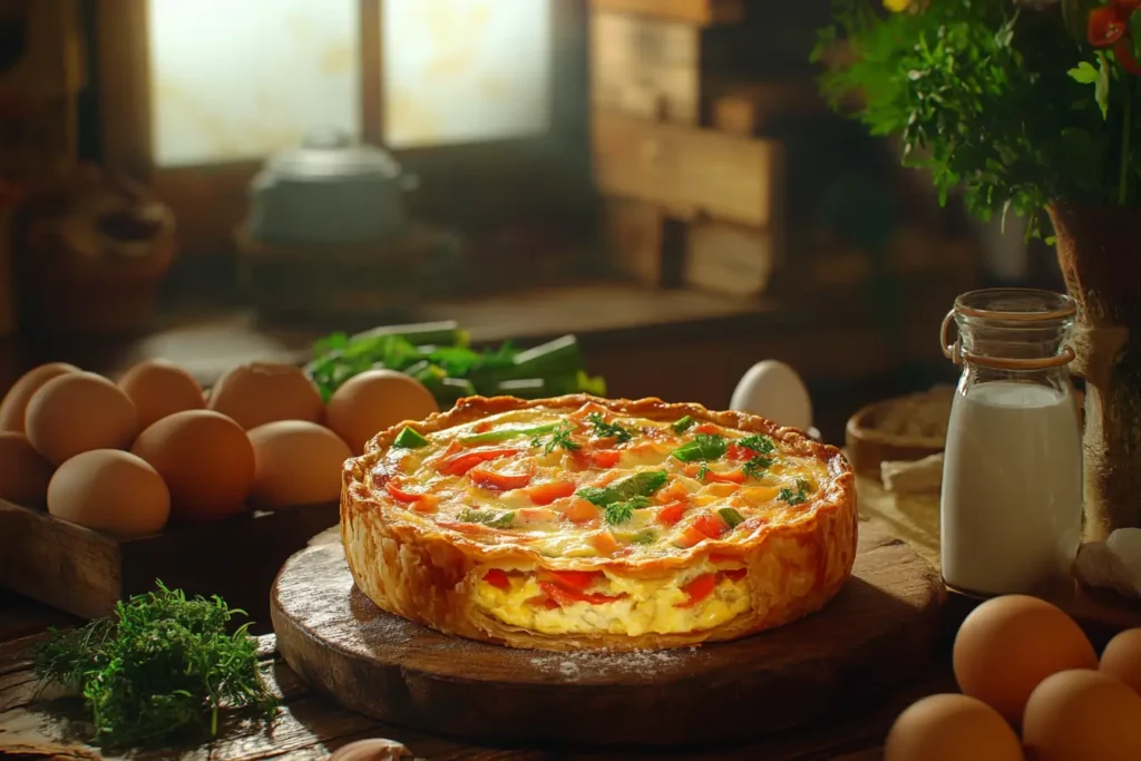 A rustic table with a savory quiche, a sweet custard pie, and fresh ingredients like eggs, milk, and herbs in warm lighting.
