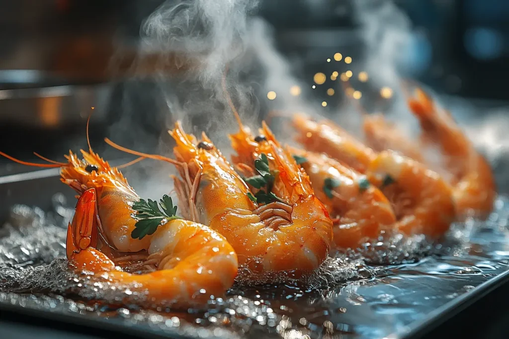 A close-up of shrimp being fried in a deep pan of hot oil with golden bubbles forming