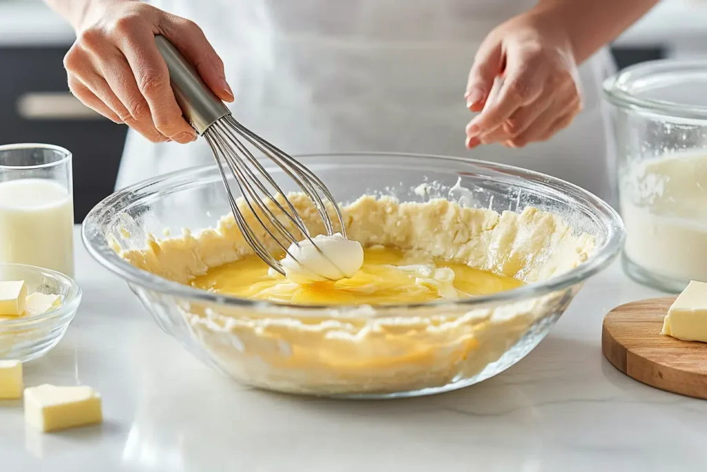 A person whisking eggs in a glass bowl with ingredients like milk and butter nearby.
