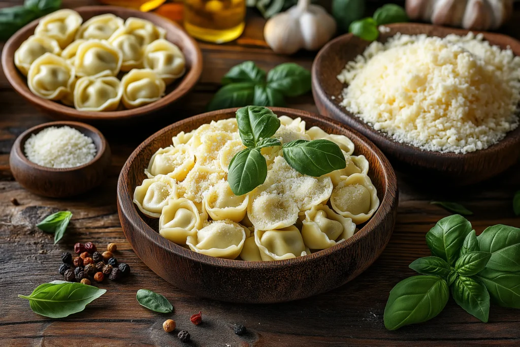 A plate of tortellini and tortelloni, highlighting their differences in size, shape, and fillings