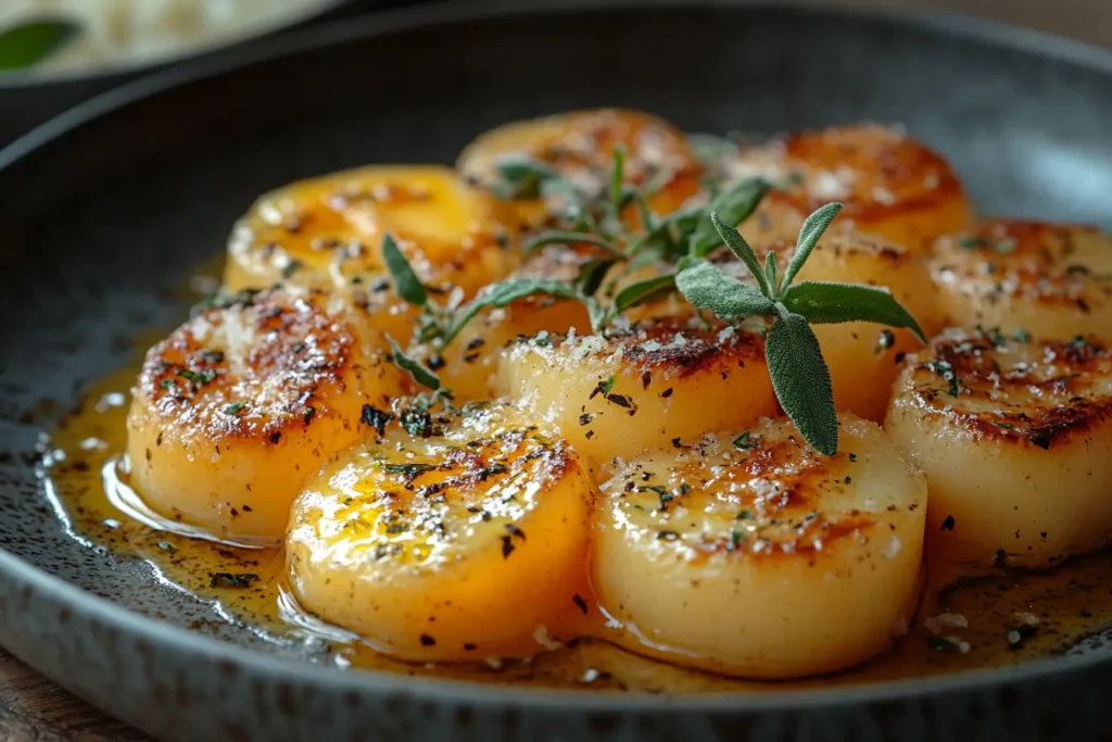 Tortelloni drizzled with brown butter and sage, served with Parmesan cheese on a ceramic plate