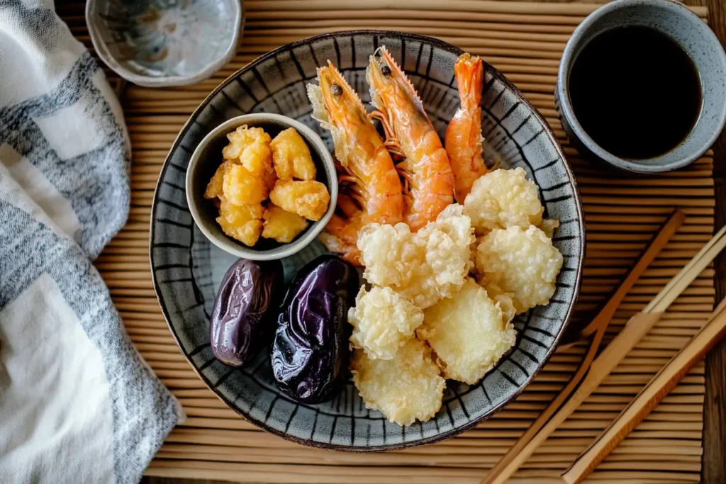 A traditional platter of tempura shrimp and vegetables with dipping sauce on a bamboo mat