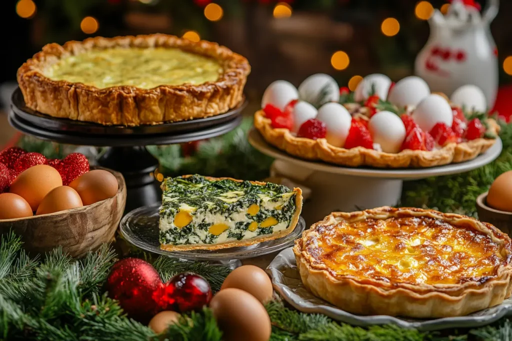 A table featuring various egg pies, including quiche with spinach, Filipino egg pie, and Italian Torta Pasqualina, styled for a multicultural food display.
