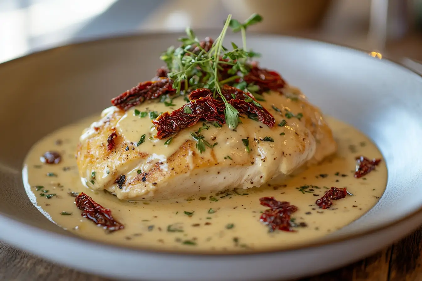 A plate of Marry Me Chicken with creamy, thickened sauce, garnished with sun-dried tomatoes and herbs in an elegant kitchen