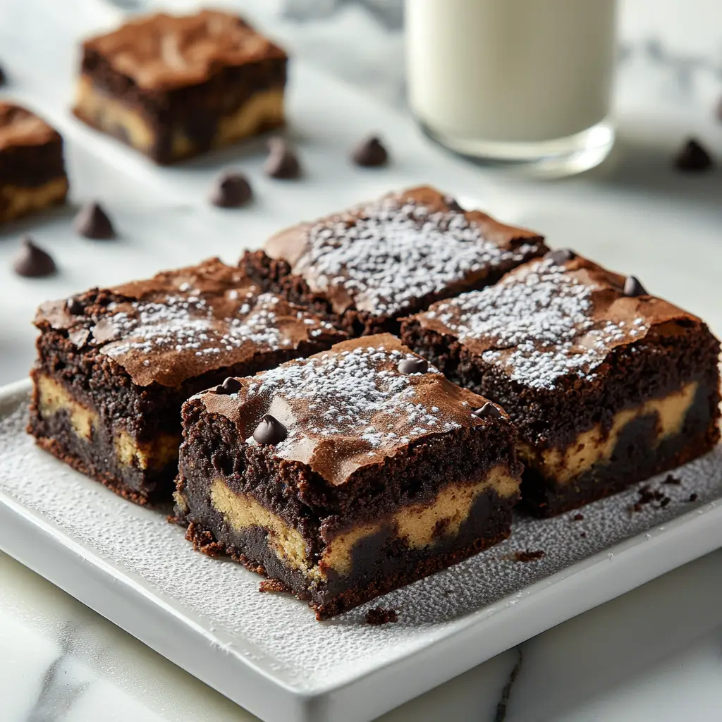 Brookie slices served on a white platter, showcasing brownie and cookie layers, with a glass of milk in the background