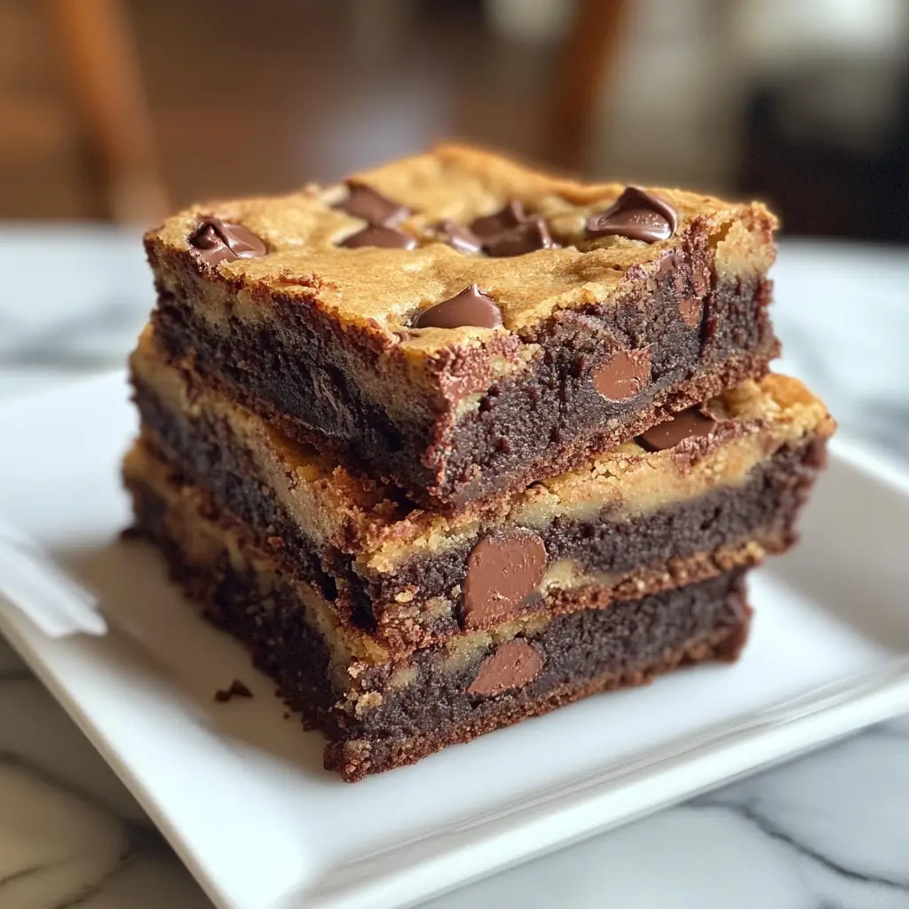 Brookie slices served on a white platter, showcasing brownie and cookie layers, with a glass of milk in the background