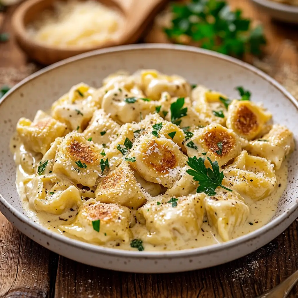 Finished Chicken Tortelloni Alfredo served on a white plate, garnished with parsley and Parmesan, on a rustic wooden table