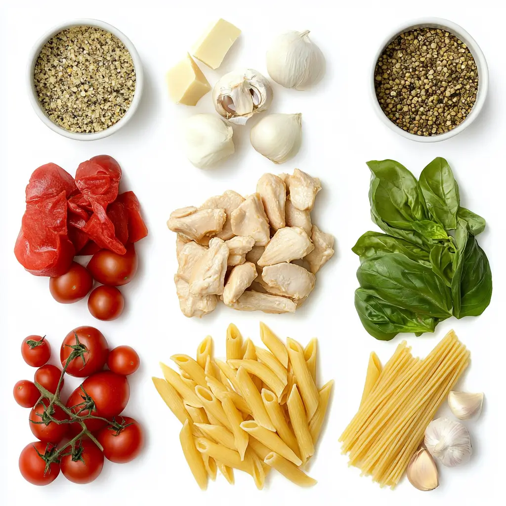 All ingredients for Marry Me Chicken Pasta are laid out neatly on a rustic wooden table, with small bowls for spices and sauces

