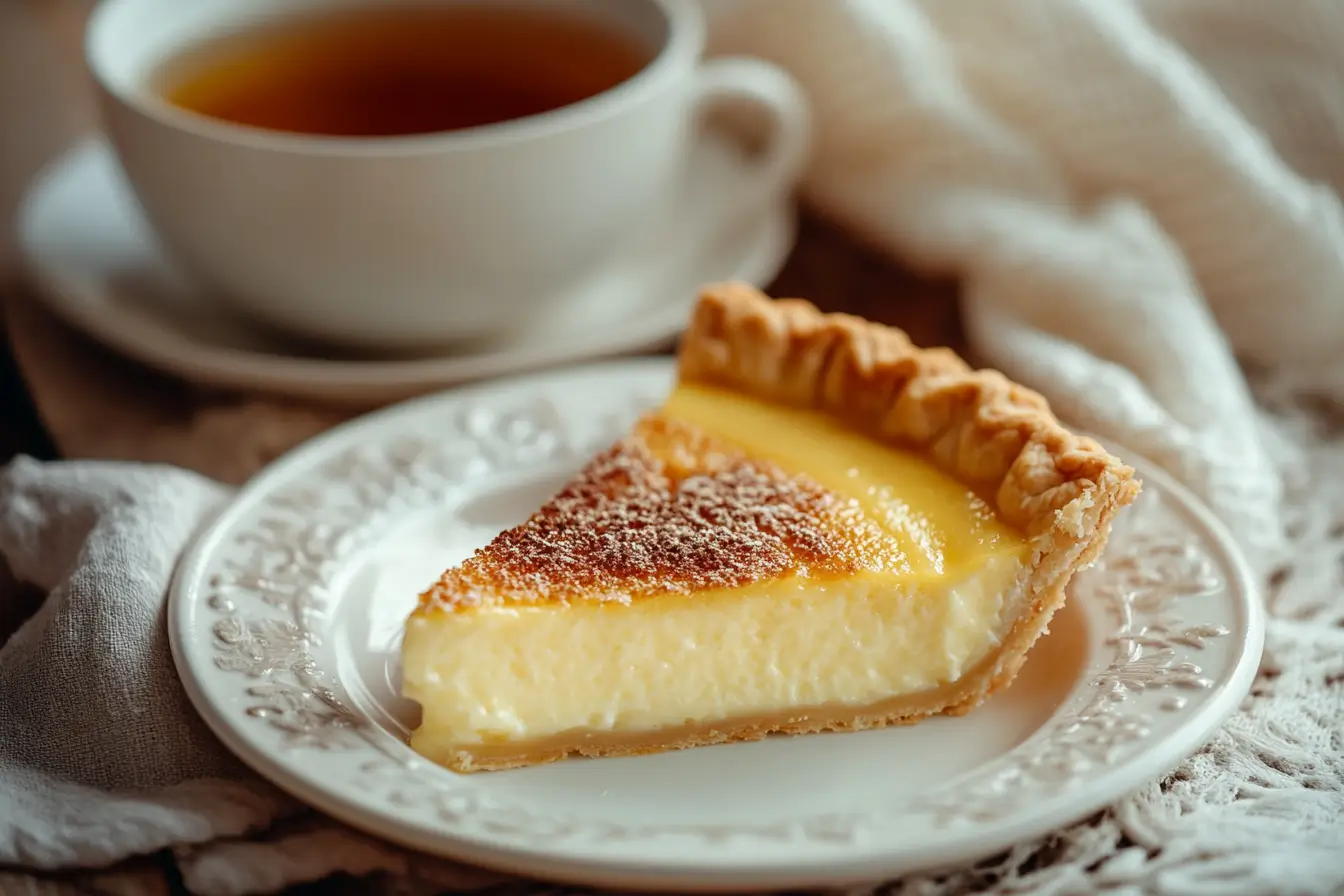 A slice of custard pie with a golden crust on a white plate, next to a steaming cup of tea on a cozy table setting