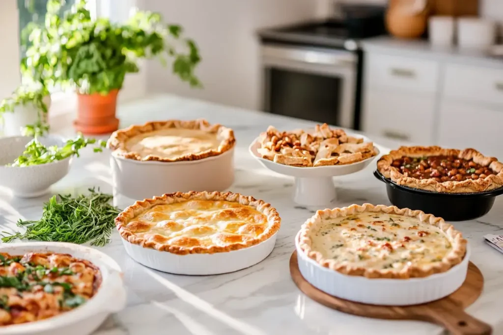 A selection of pies without bottom crusts, including savory and sweet options, displayed in a sleek modern kitchen.