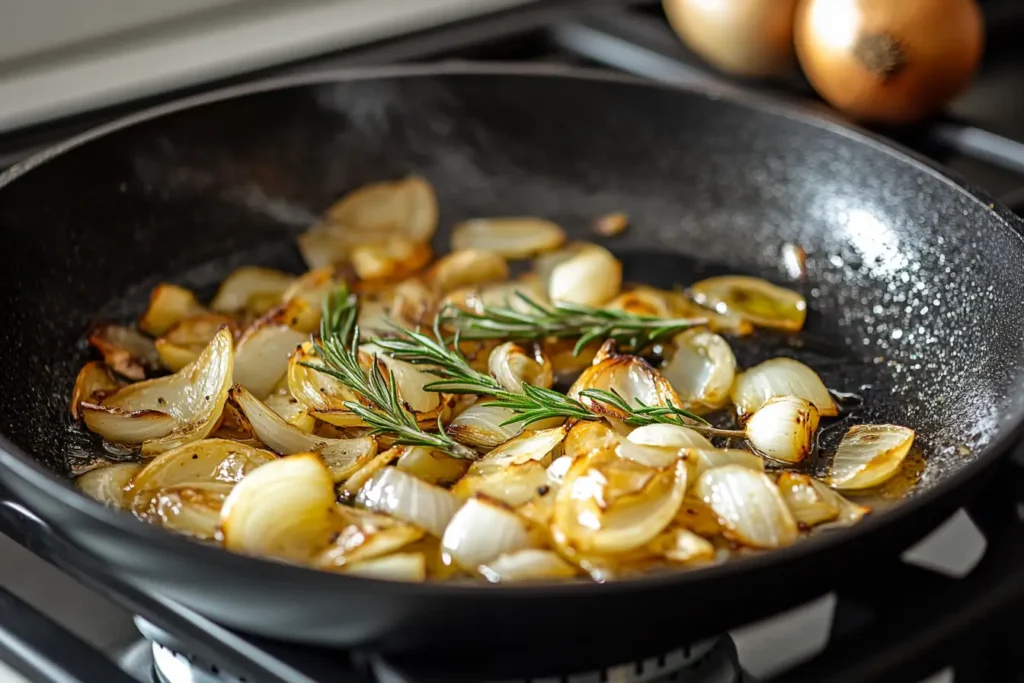 A skillet on the stove with garlic, onions, and fresh rosemary sizzling in olive oil.