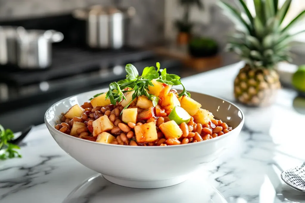 A bowl of baked beans with pineapple chunks, diced apples, and fresh herbs served on a marble countertop in a chic kitchen