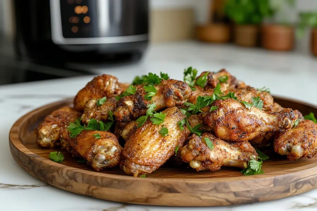 Crispy golden chicken wings served on a wooden plate next to a modern air fryer in a stylish kitchen